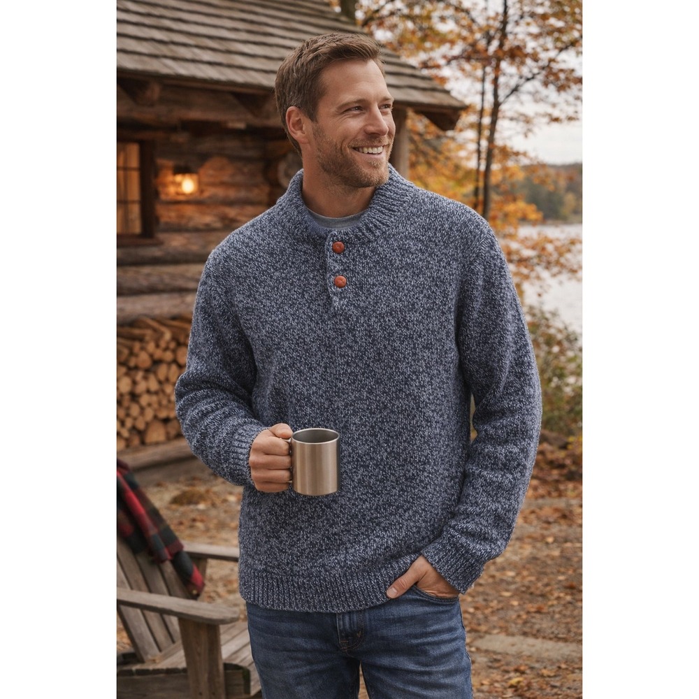 LL Bean Mens 100% Lambswool Shawl Collar Sweater Blue Marl Knit XL 285174 - Picture 3 of 7